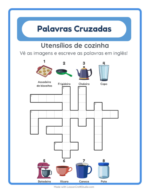 Palavras cruzadas em inglês com imagens – Utensílios de cozinha