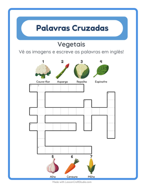 Palavras cruzadas em inglês com imagens – Vegetais