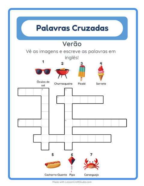 Palavras cruzadas em inglês com imagens – Verão