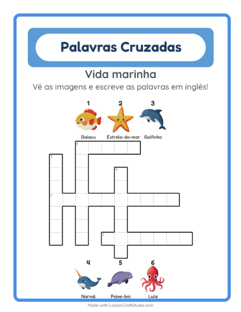 Palavras cruzadas em inglês com imagens – Vida marinha