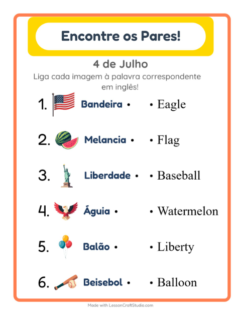 Pré-visualização da ficha de Pareamento com 4 de Julho para Educação infantil (pré-escola, 5-7 anos)