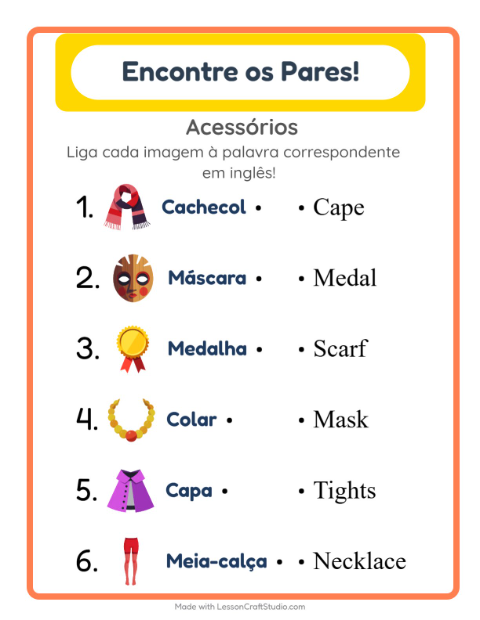 Prévia: Aprender inglês: Acessórios – ligar imagens e palavras para crianças