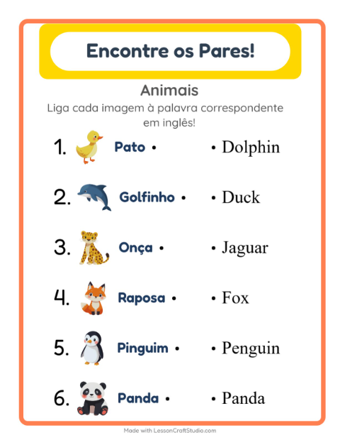Ligar imagens e palavras em inglês – Animais