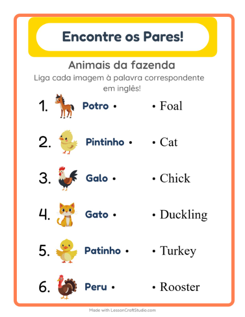 Ligar imagens e palavras em inglês – Animais da fazenda