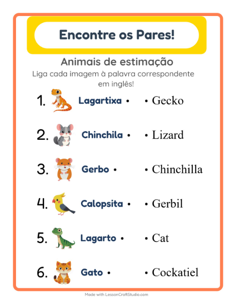 Ligar imagens e palavras em inglês – Animais de estimação