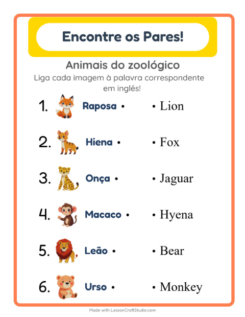Ligar imagens e palavras em inglês – Animais do zoológico