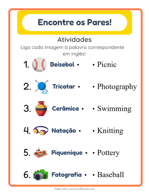 Ligar imagens e palavras em inglês – Atividades