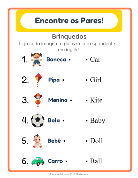 Ligar imagens e palavras em inglês – Brinquedos