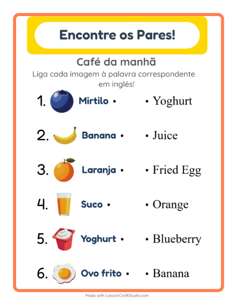 Ligar imagens e palavras em inglês – Café da manhã