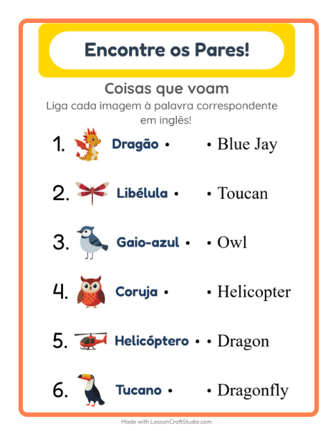 Prévia: Aprender inglês: Coisas que voam – ligar imagens e palavras para crianças