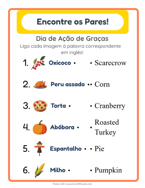 Prévia: Aprender inglês: Dia de Ação de Graças – ligar imagens e palavras para crianças