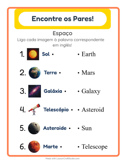 Prévia: Aprender inglês: Espaço – ligar imagens e palavras para crianças