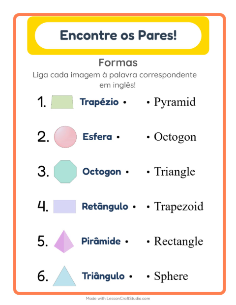 Prévia: Aprender inglês: Formas – ligar imagens e palavras para crianças