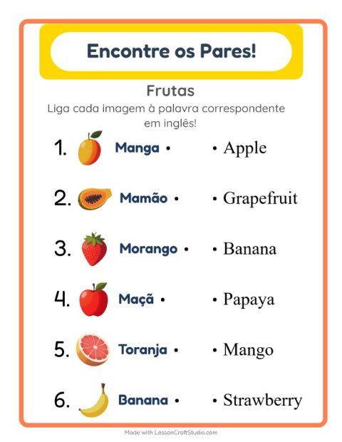 Ligar imagens e palavras em inglês – Frutas