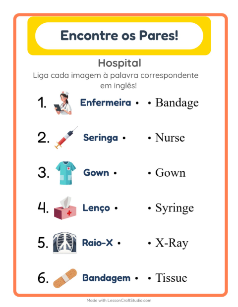Ligar imagens e palavras em inglês – Hospital