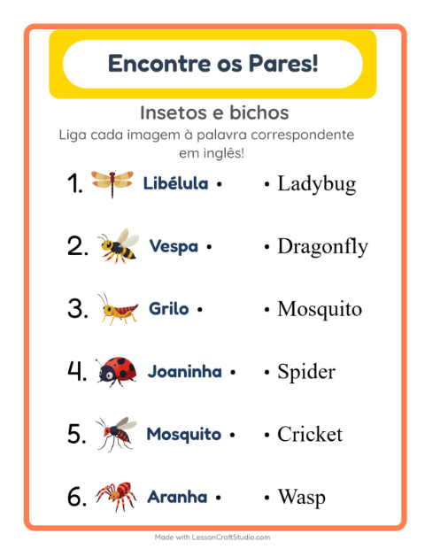 Prévia: Aprender inglês: Insetos e bichos – ligar imagens e palavras para crianças