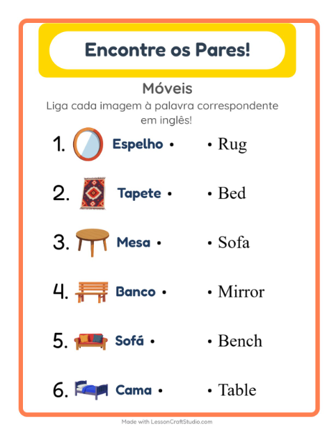 Ligar imagens e palavras em inglês – Móveis