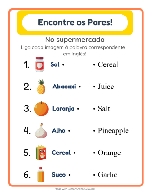 Prévia: Aprender inglês: No supermercado – ligar imagens e palavras para crianças