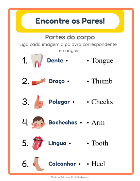 Ligar imagens e palavras em inglês – Partes do corpo