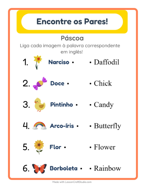 Prévia: Aprender inglês: Páscoa – ligar imagens e palavras para crianças