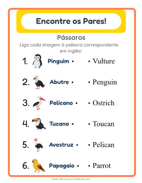 Prévia: Aprender inglês: Pássaros – ligar imagens e palavras para crianças
