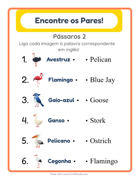 Ligar imagens e palavras em inglês – Pássaros 2