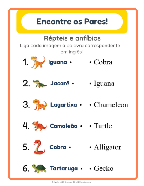 Ligar imagens e palavras em inglês – Répteis e anfíbios