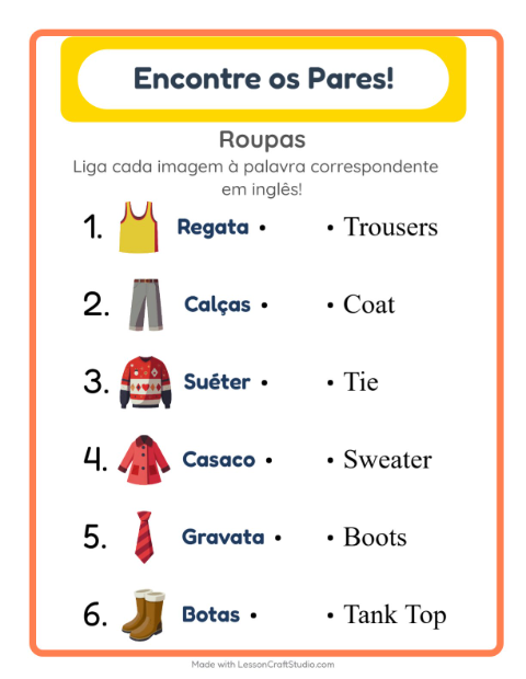 Ligar imagens e palavras em inglês – Roupas