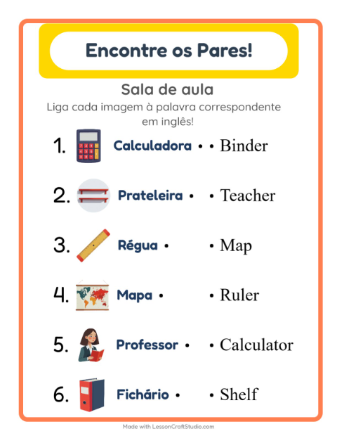 Ligar imagens e palavras em inglês – Sala de aula