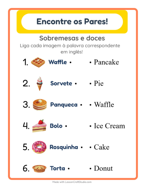 Ligar imagens e palavras em inglês – Sobremesas e doces