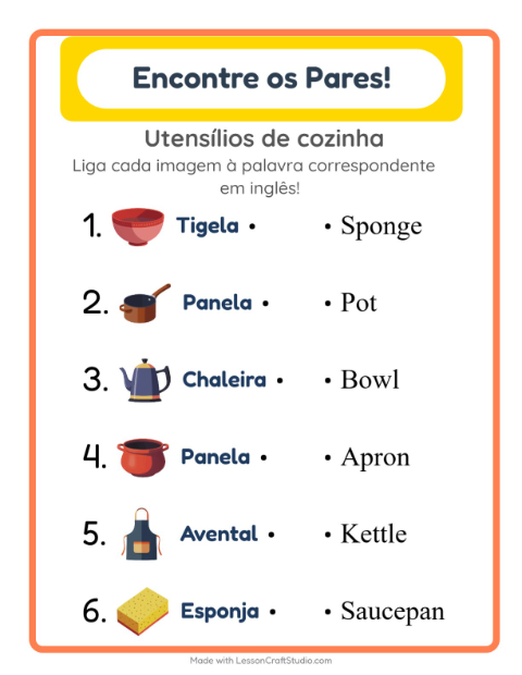 Ligar imagens e palavras em inglês – Utensílios de cozinha