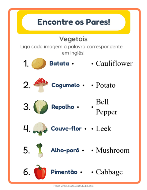 Ligar imagens e palavras em inglês – Vegetais