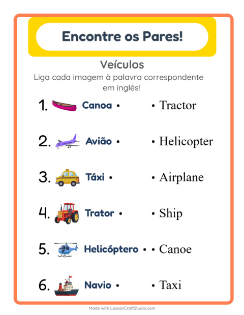 Ligar imagens e palavras em inglês – Veículos