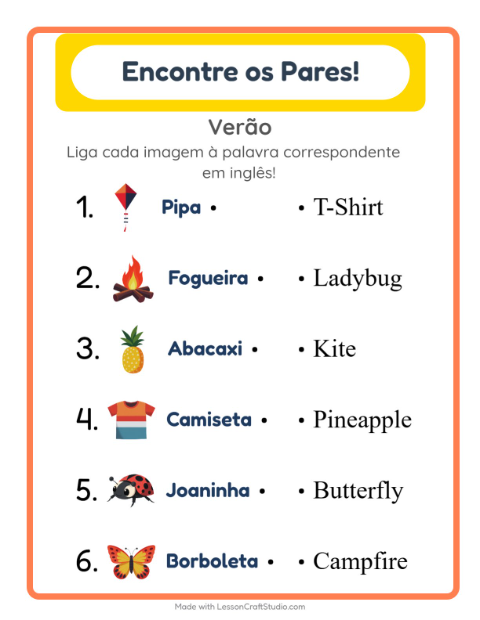 Ligar imagens e palavras em inglês – Verão