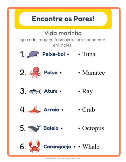 Ligar imagens e palavras em inglês – Vida marinha