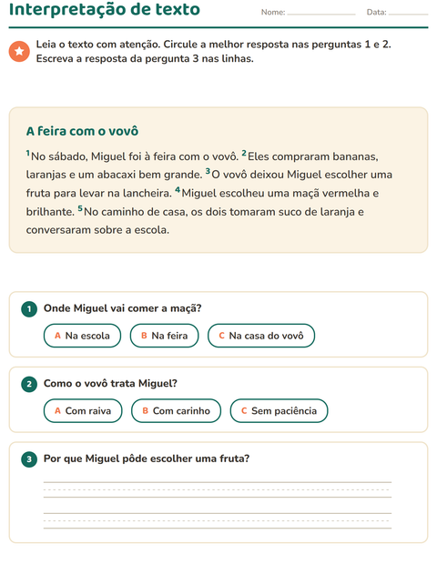 Pré-visualização da ficha de Interpretação de texto para 2º ano do ensino fundamental