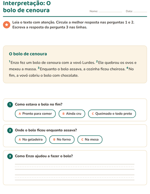 Pré-visualização da ficha de Interpretação de texto para 2º ano do ensino fundamental