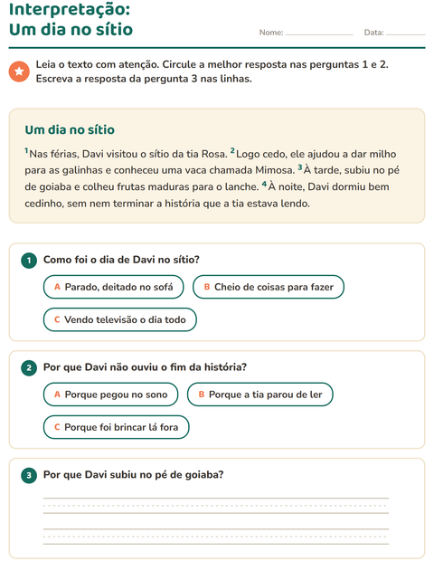 Pré-visualização da ficha de Interpretação de texto para 2º ano do ensino fundamental