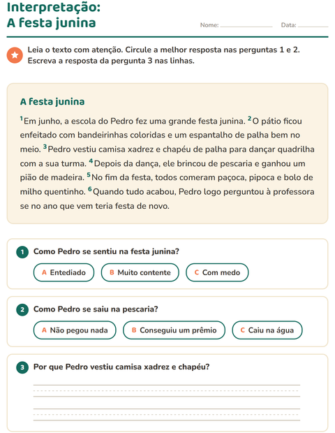Pré-visualização da ficha de Interpretação de texto para 2º ano do ensino fundamental