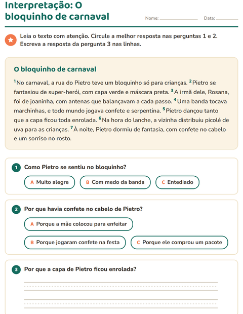 Pré-visualização da ficha de Interpretação de texto para 2º ano do ensino fundamental