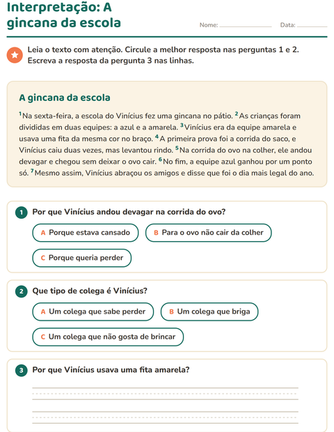 Pré-visualização da ficha de Interpretação de texto para 2º ano do ensino fundamental