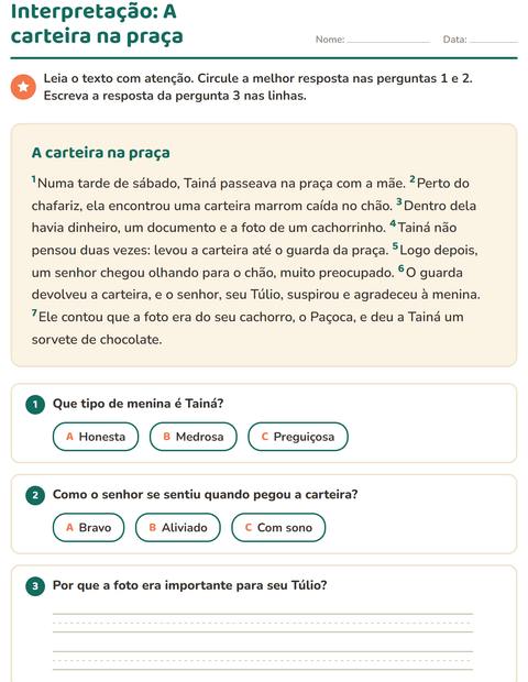 Pré-visualização da ficha de Interpretação de texto para 2º ano do ensino fundamental