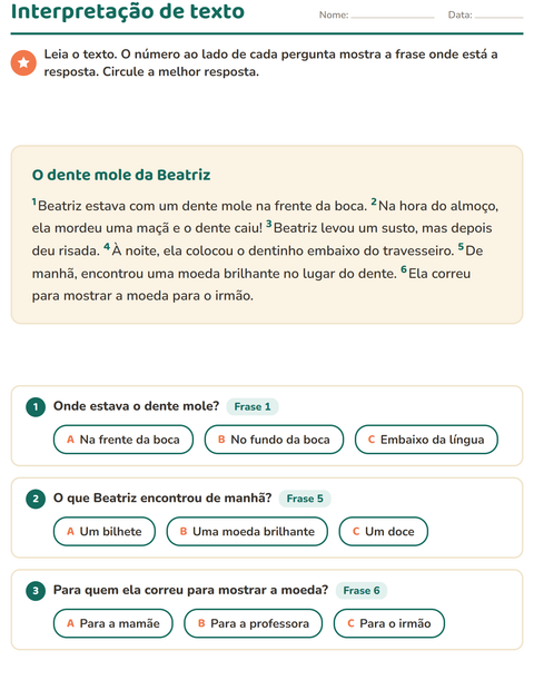 Pré-visualização da ficha de Interpretação de texto para 2º ano do ensino fundamental
