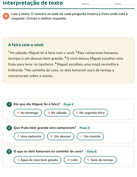 Pré-visualização da ficha de Interpretação de texto para 2º ano do ensino fundamental