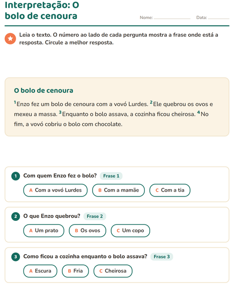 Pré-visualização da ficha de Interpretação de texto para 2º ano do ensino fundamental