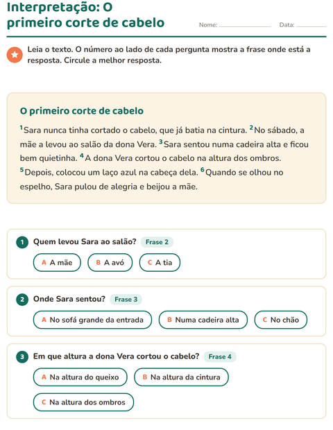 Pré-visualização da ficha de Interpretação de texto para 2º ano do ensino fundamental