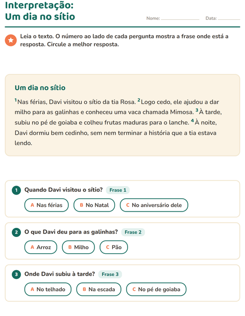 Pré-visualização da ficha de Interpretação de texto para 2º ano do ensino fundamental