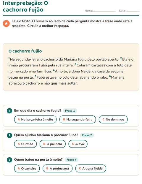 Pré-visualização da ficha de Interpretação de texto para 2º ano do ensino fundamental
