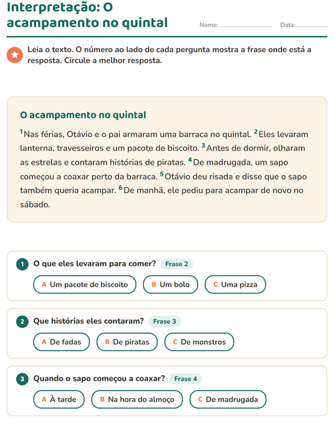Pré-visualização da ficha de Interpretação de texto para 2º ano do ensino fundamental