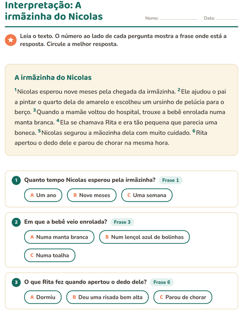 Pré-visualização da ficha de Interpretação de texto para 2º ano do ensino fundamental